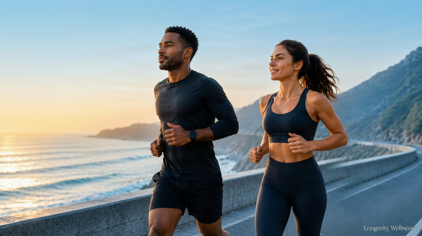 Active couple running at sunrise